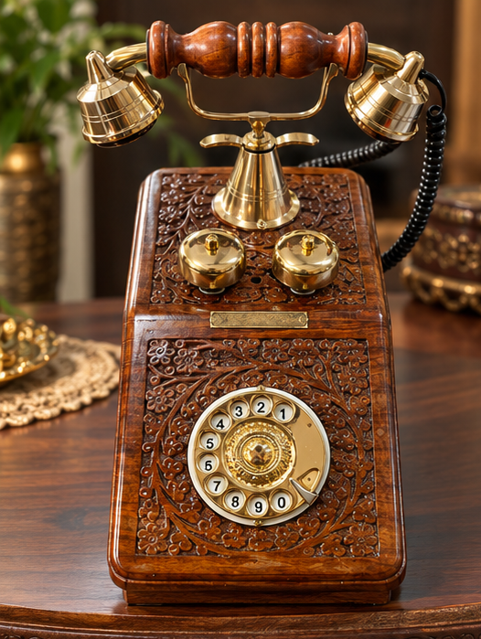 Real Functional Handcrafted Sheesham Wooden Vintage Rotary Dial Telephone with Brass Work (USE AS A UNIQUE DECOR PIECE )