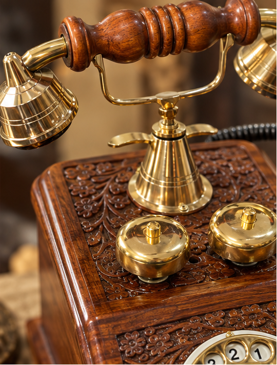 Real Functional Handcrafted Sheesham Wooden Vintage Rotary Dial Telephone with Brass Work (USE AS A UNIQUE DECOR PIECE )