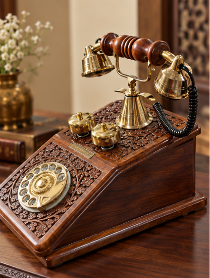 Real Functional Handcrafted Sheesham Wooden Vintage Rotary Dial Telephone with Brass Work (USE AS A UNIQUE DECOR PIECE )